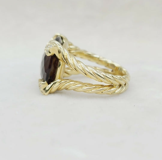 David Yurman 15mm Smoky Quartz Cushion Ring 18K Gold & Diamonds