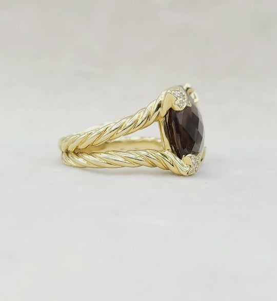 David Yurman 15mm Smoky Quartz Cushion Ring 18K Gold & Diamonds