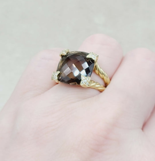 David Yurman 15mm Smoky Quartz Cushion Ring 18K Gold & Diamonds
