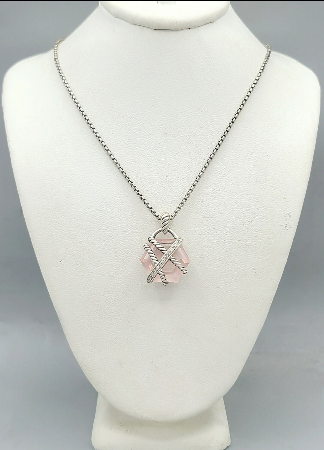 David Yurman 16mm Rose Quartz Cable Wrap Necklace With Diamonds