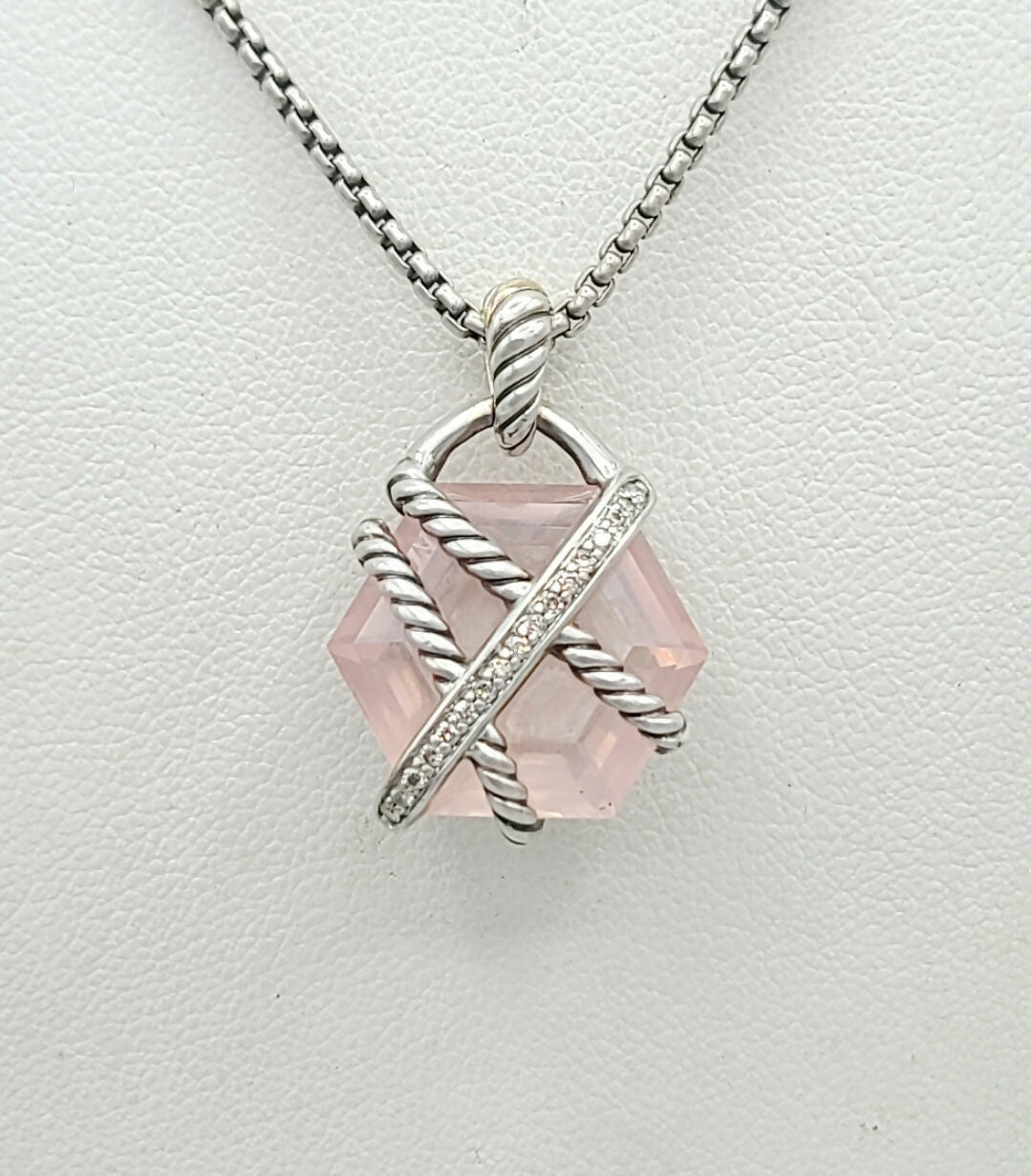 David Yurman 16mm Rose Quartz Cable Wrap Necklace With Diamonds