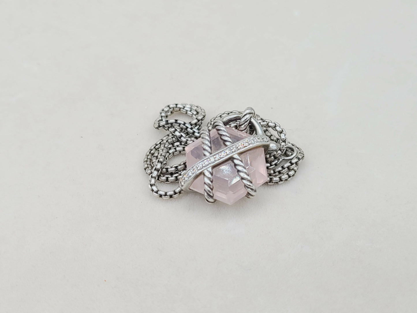 David Yurman 16mm Rose Quartz Cable Wrap Necklace With Diamonds