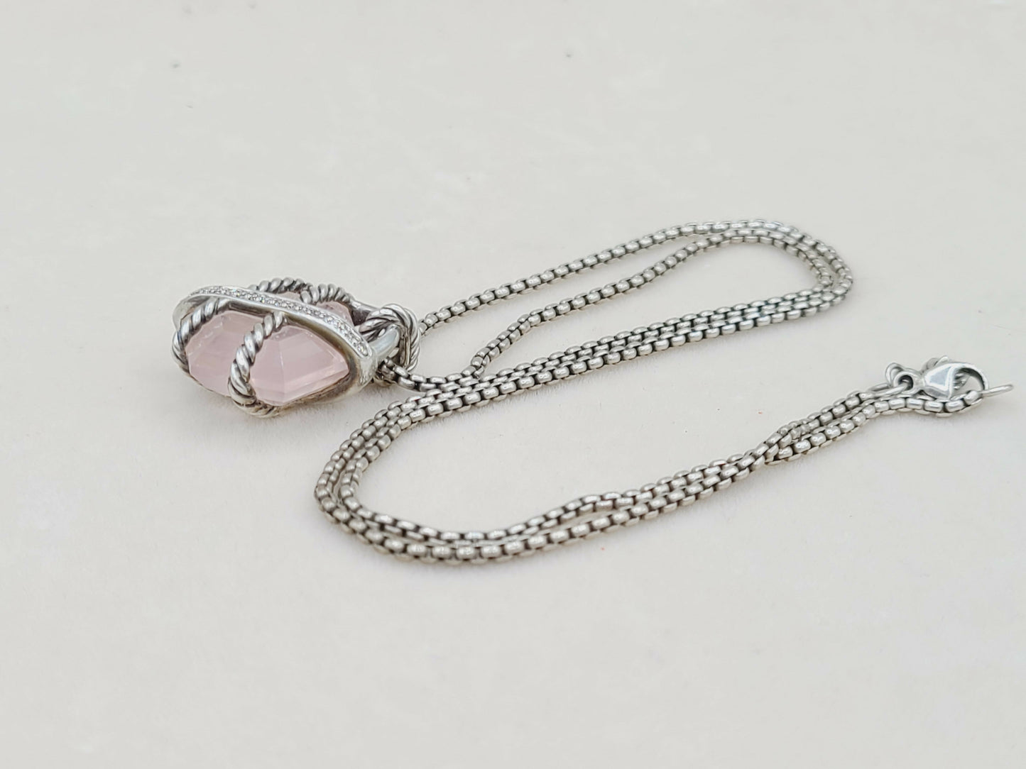 David Yurman 16mm Rose Quartz Cable Wrap Necklace With Diamonds