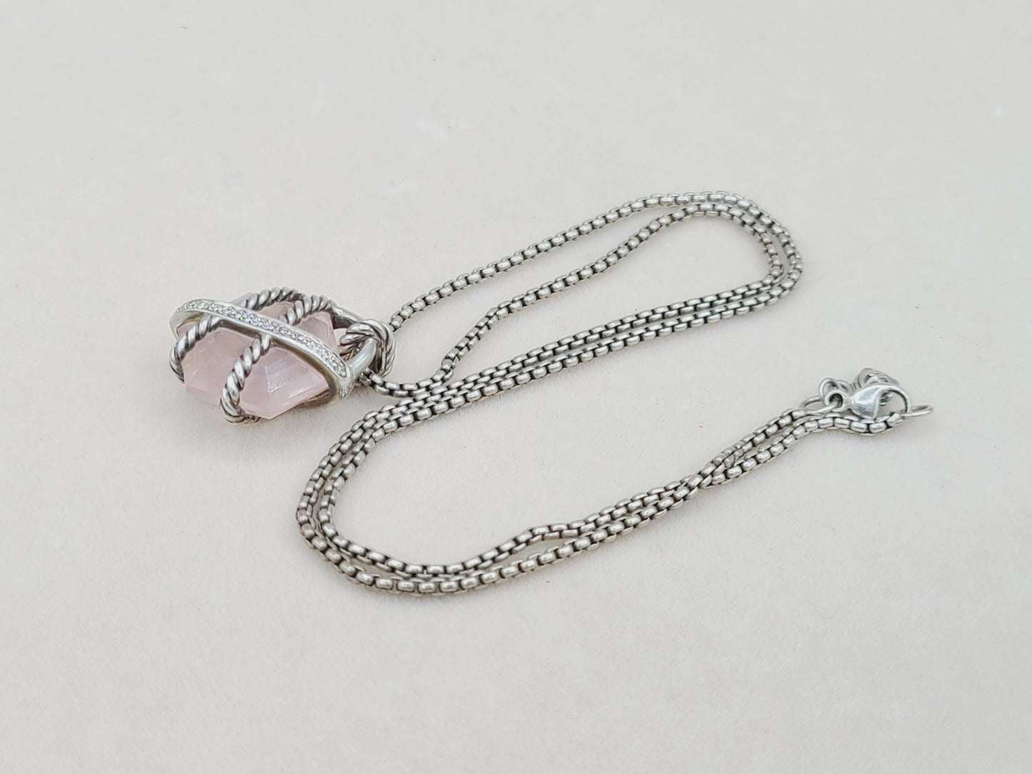 David Yurman 16mm Rose Quartz Cable Wrap Necklace With Diamonds