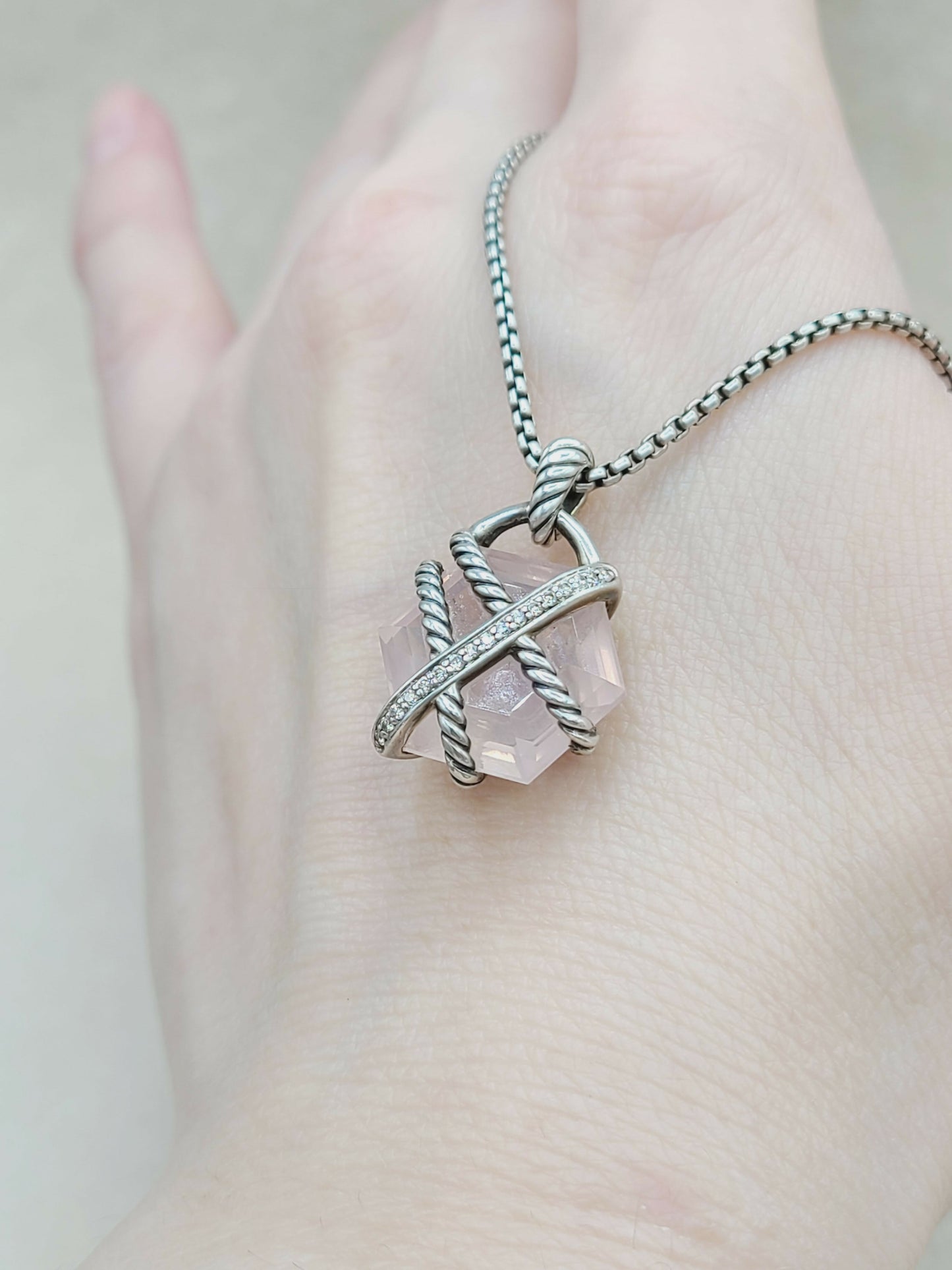 David Yurman 16mm Rose Quartz Cable Wrap Necklace With Diamonds