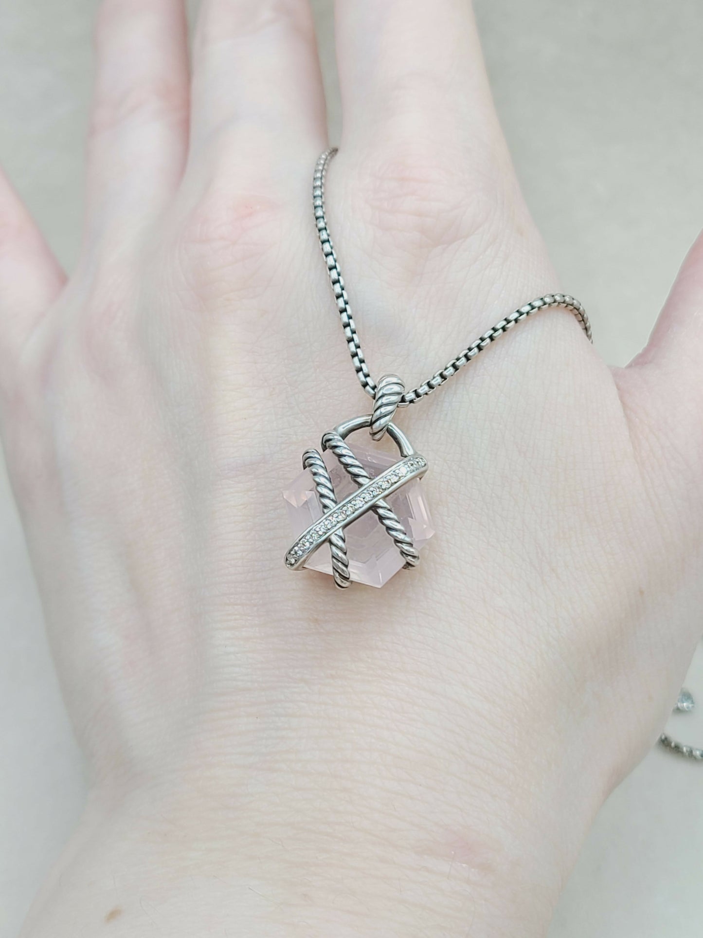 David Yurman 16mm Rose Quartz Cable Wrap Necklace With Diamonds