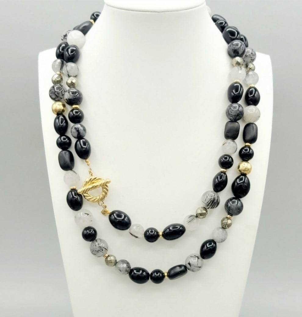 David Yurman 18k Gold Necklace Black Onyx Rutilated Quartz AYW Luxury #