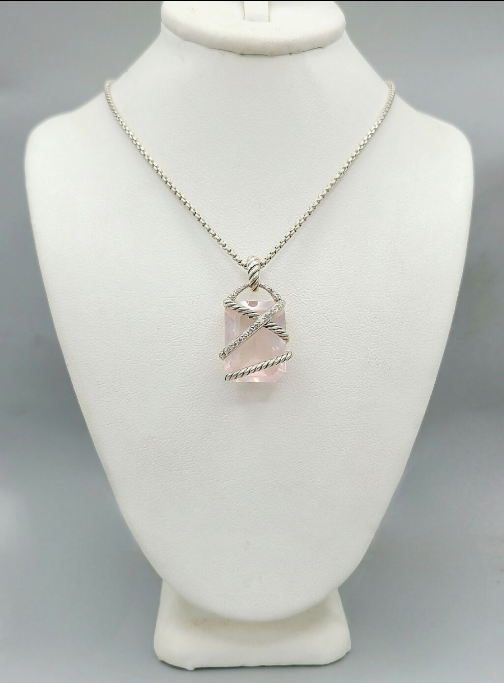 David Yurman 20x15 Rose Quartz Diamond Cable Wrap Pendant Necklace