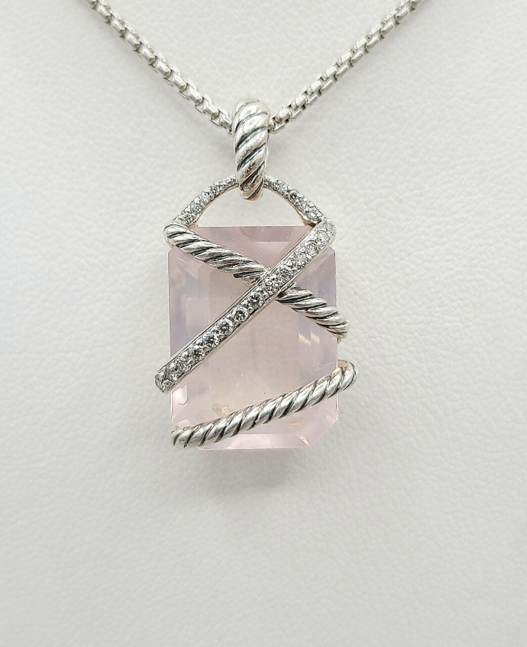 David Yurman 20x15 Rose Quartz Diamond Cable Wrap Pendant Necklace