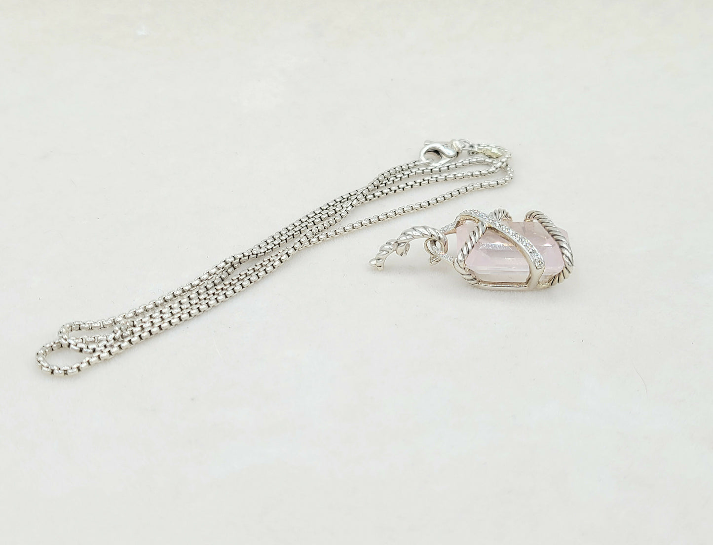 David Yurman 20x15 Rose Quartz Diamond Cable Wrap Pendant Necklace