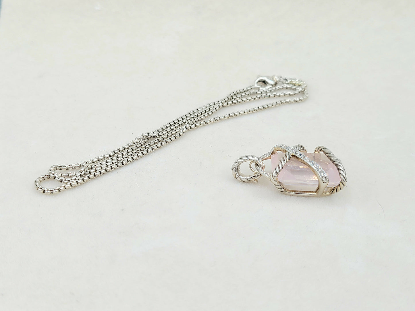 David Yurman 20x15 Rose Quartz Diamond Cable Wrap Pendant Necklace