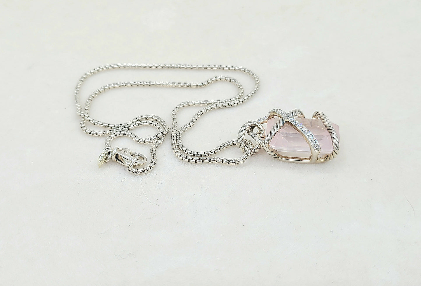 David Yurman 20x15 Rose Quartz Diamond Cable Wrap Pendant Necklace