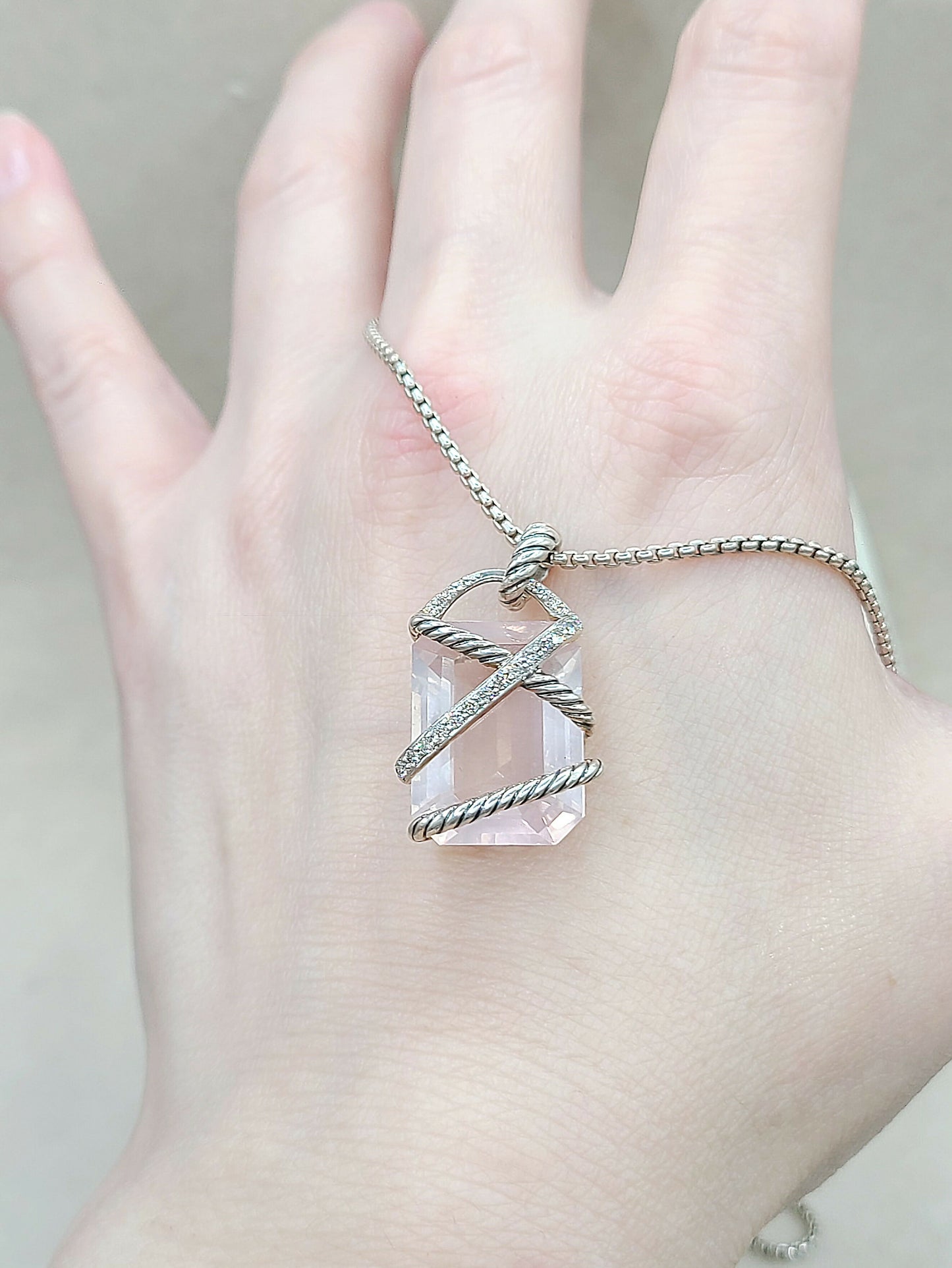 David Yurman 20x15 Rose Quartz Diamond Cable Wrap Pendant Necklace