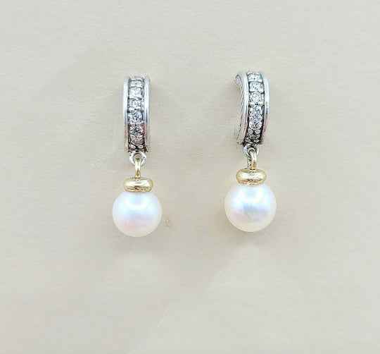 David Yurman Cable Drop Earrings Pearls & Diamonds