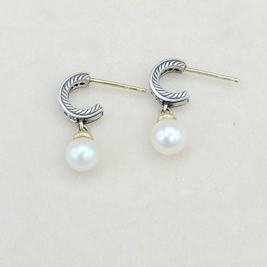 David Yurman Cable Drop Earrings Pearls & Diamonds