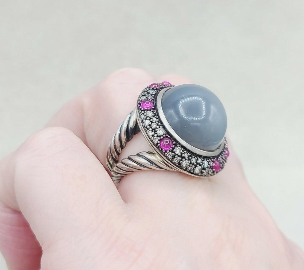 David Yurman Cerise Midnight Melange Ring With Moonstone, Ruby and Diamonds
