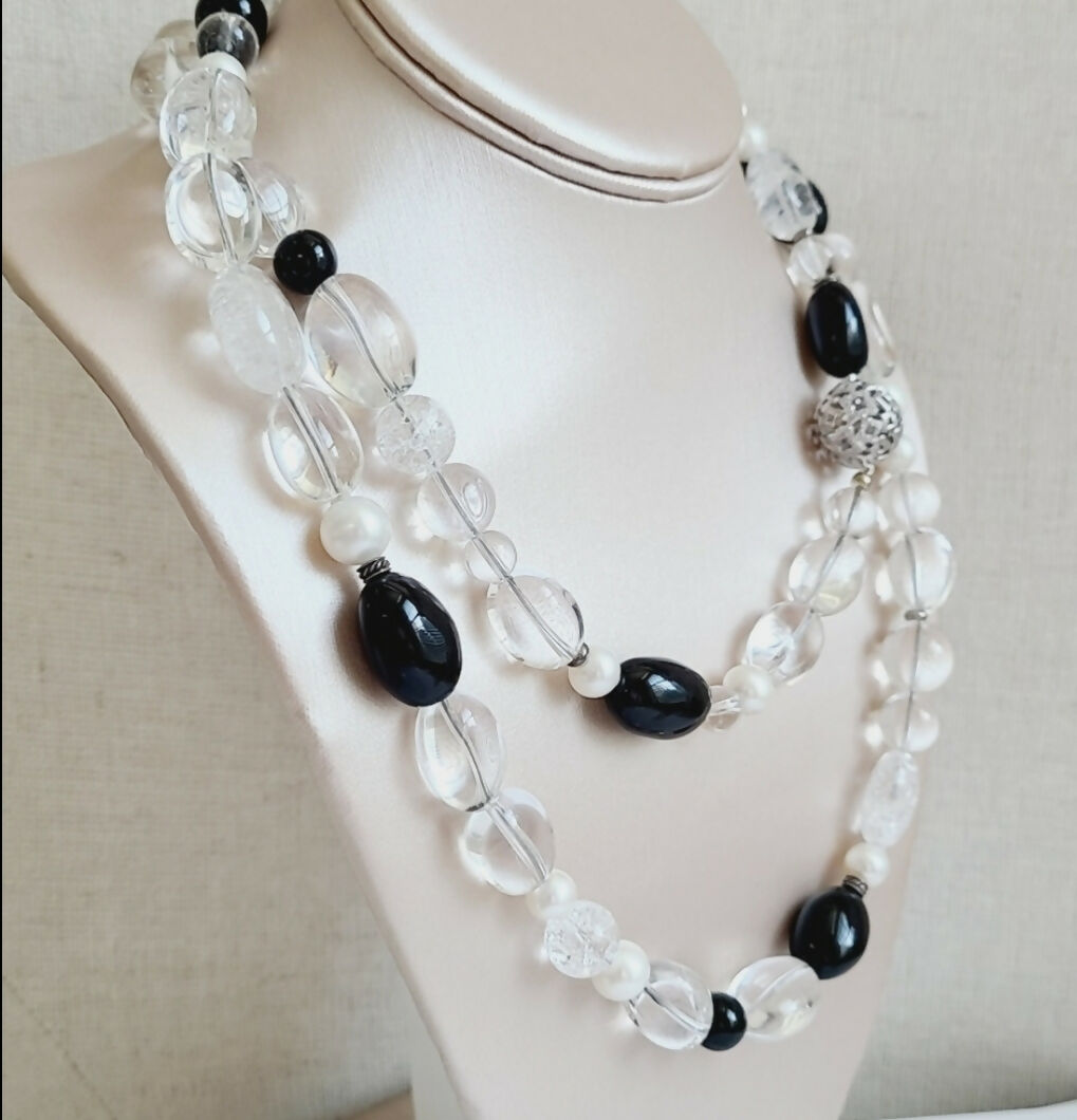 David Yurman Quatrefoil Necklace – Onyx, Crystal & Pearl #