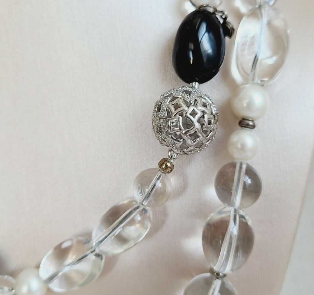 David Yurman Quatrefoil Necklace – Onyx, Crystal & Pearl #
