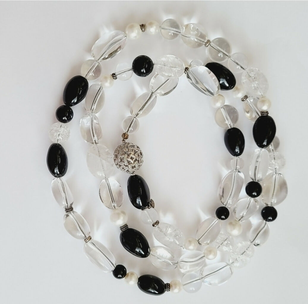 David Yurman Quatrefoil Necklace – Onyx, Crystal & Pearl #