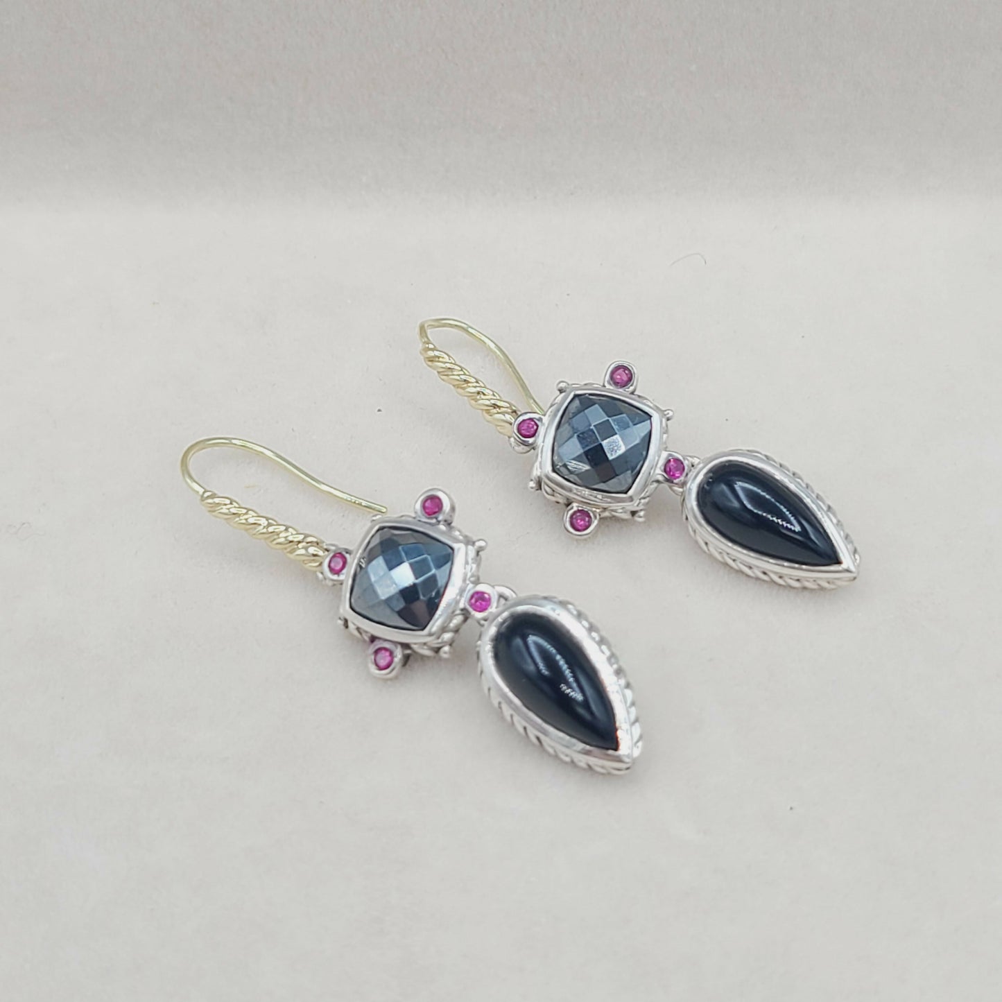 David Yurman Renaissance Drop Earrings Hematite, Onyx & Ruby AYW Luxury