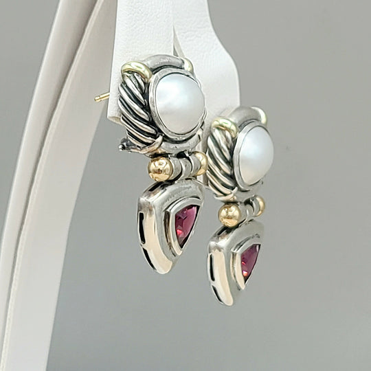David Yurman Renaissance Drop Earrings Pearl & Garnet