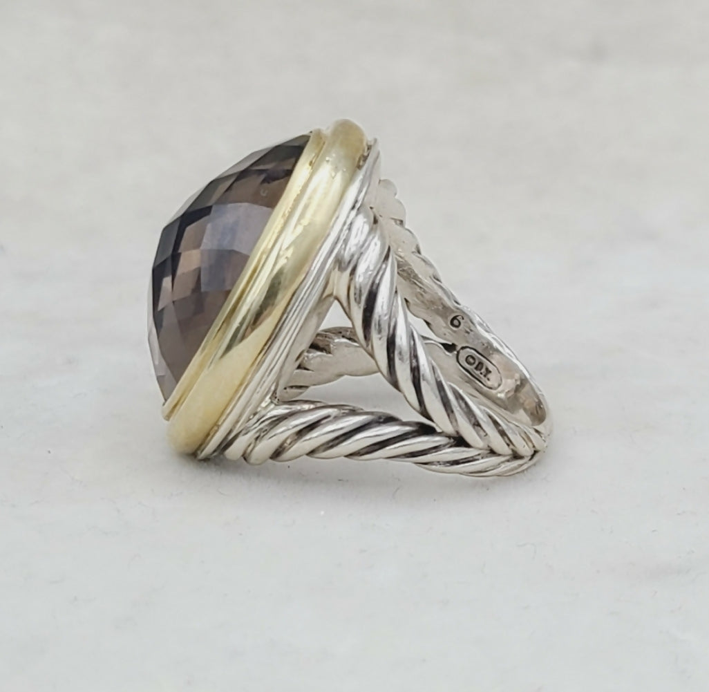 David Yurman Signature Oval Ring – Smoky Quartz & Gold #