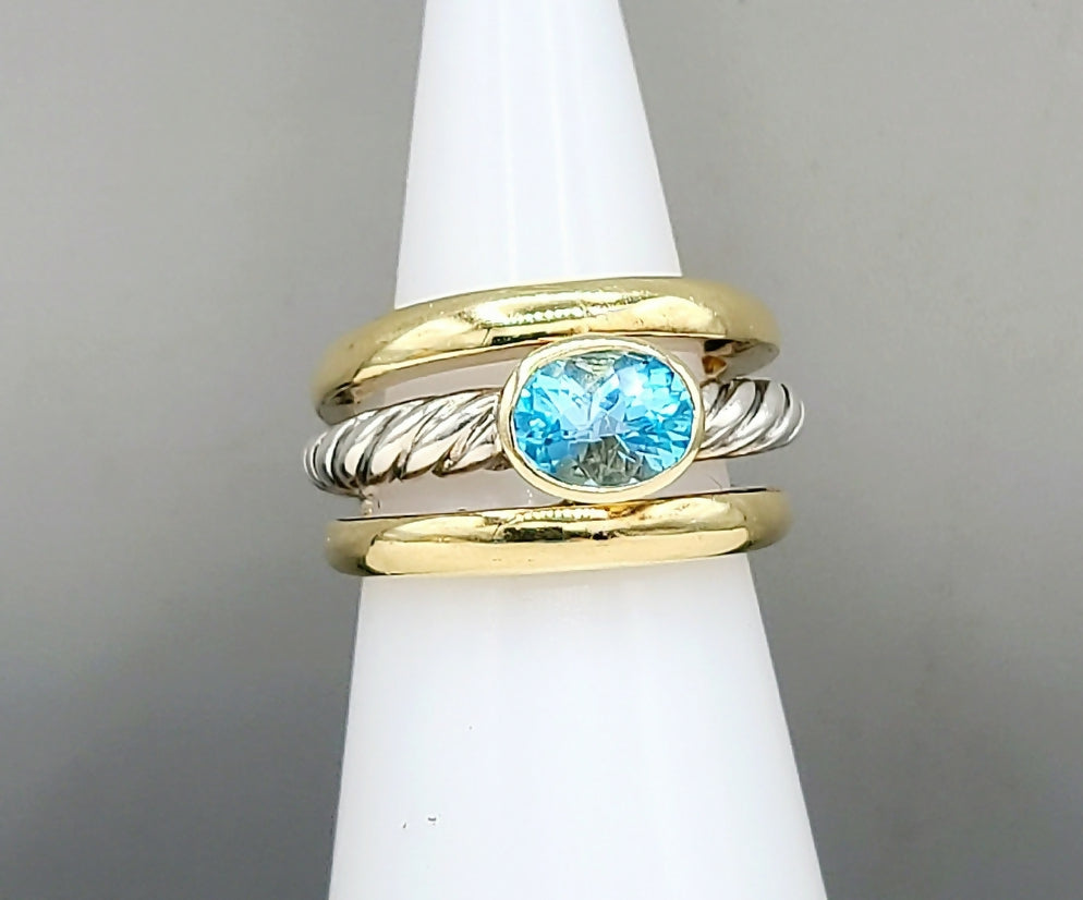 David Yurman Triple Row Stack Ring Blue Topaz & 18K Gold AYW Luxury #