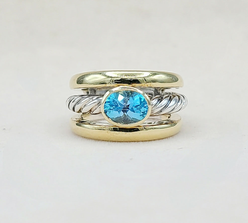 David Yurman Triple Row Stack Ring Blue Topaz & 18K Gold AYW Luxury #
