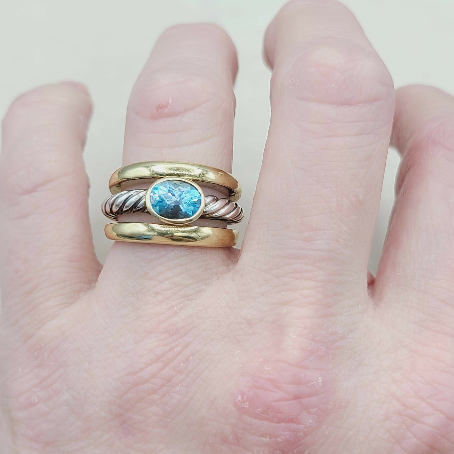 David Yurman Triple Row Stack Ring Blue Topaz & 18K Gold AYW Luxury #
