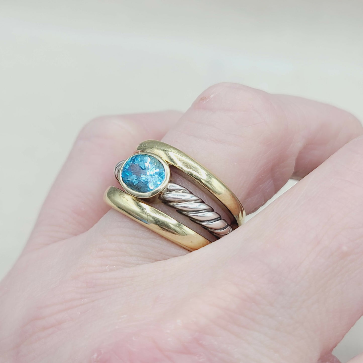David Yurman Triple Row Stack Ring Blue Topaz & 18K Gold AYW Luxury #