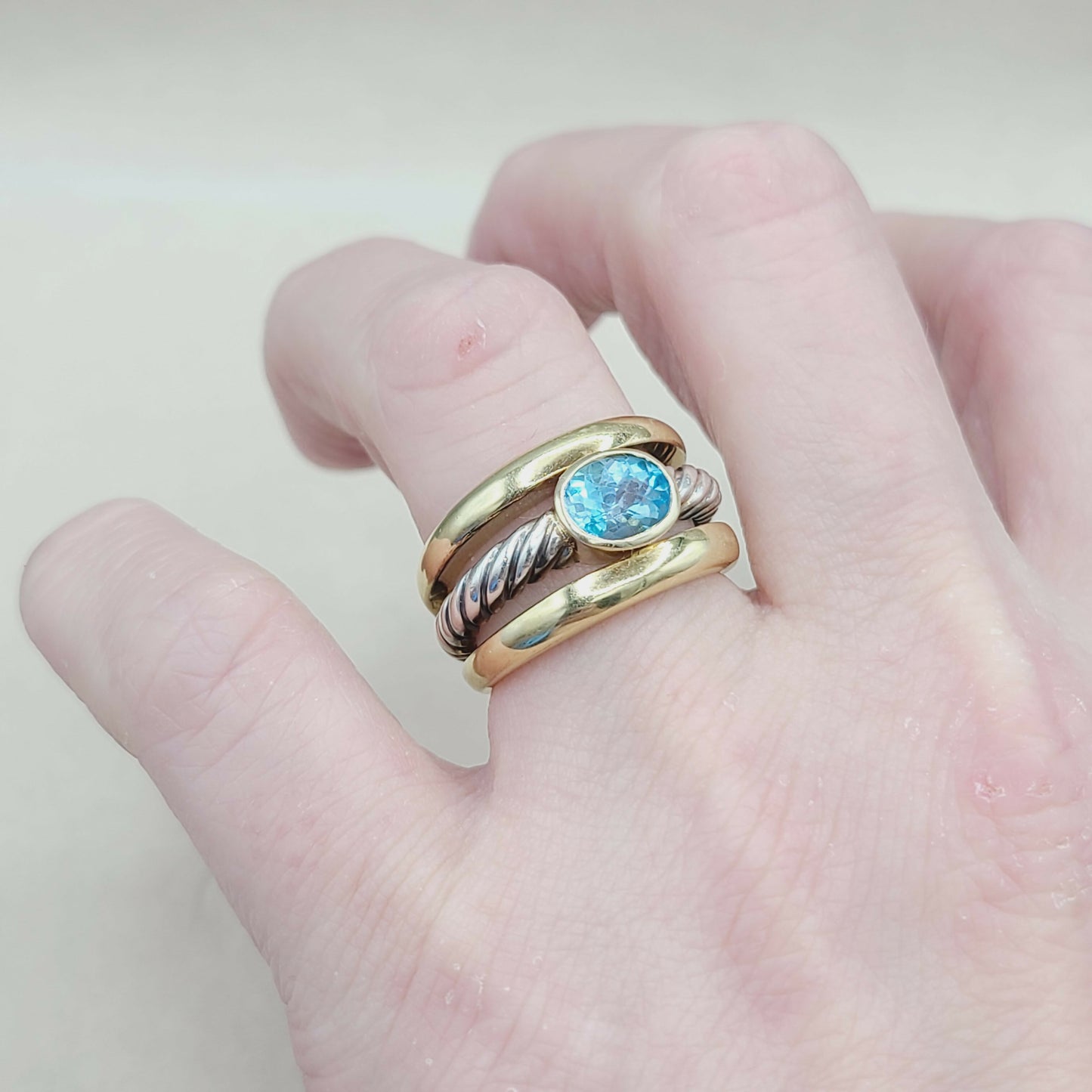David Yurman Triple Row Stack Ring Blue Topaz & 18K Gold AYW Luxury #