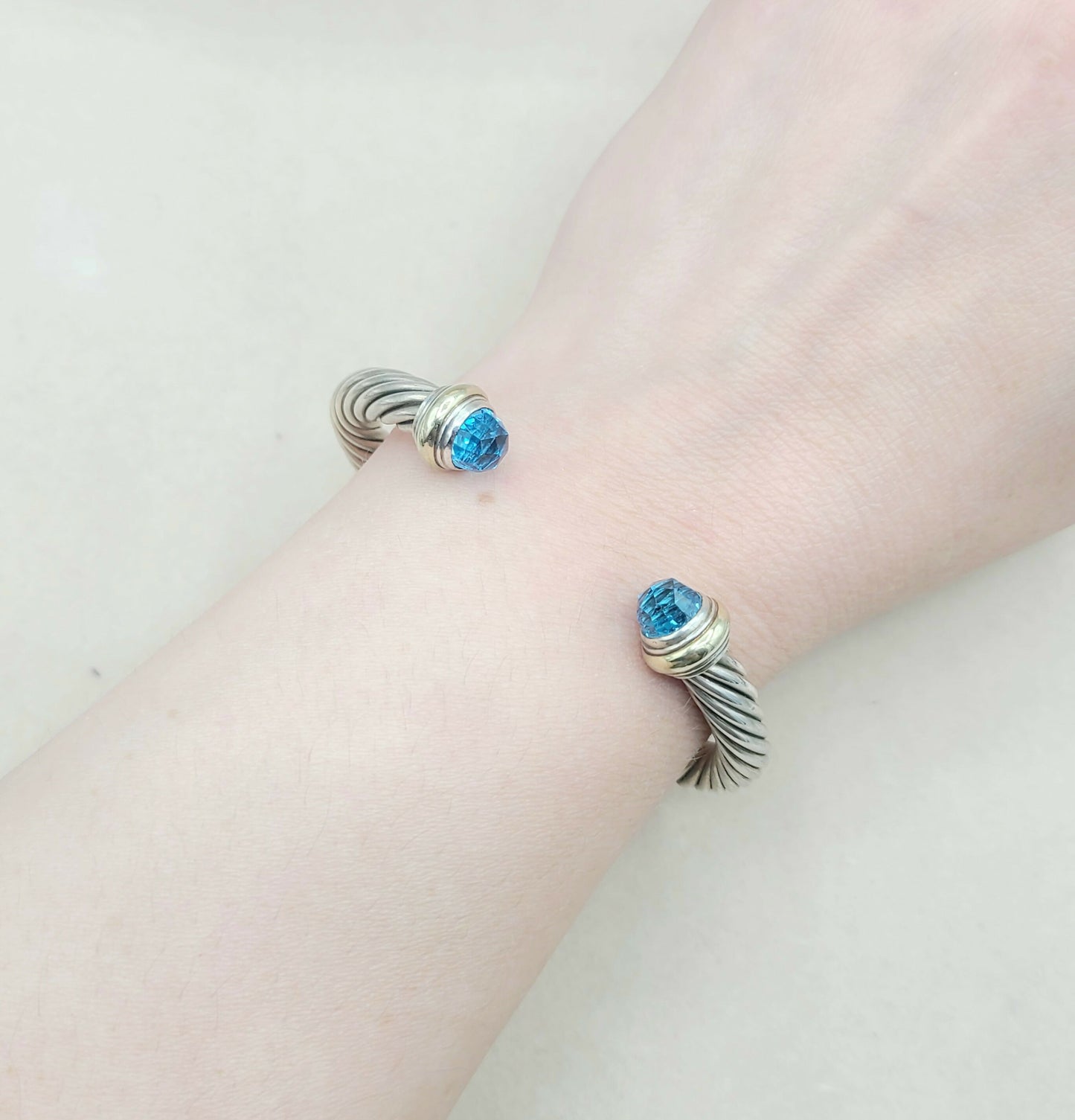 David Yurman 7mm Cable Blue Topaz Bracelet Silver & Gold | Certified AYW Luxury #