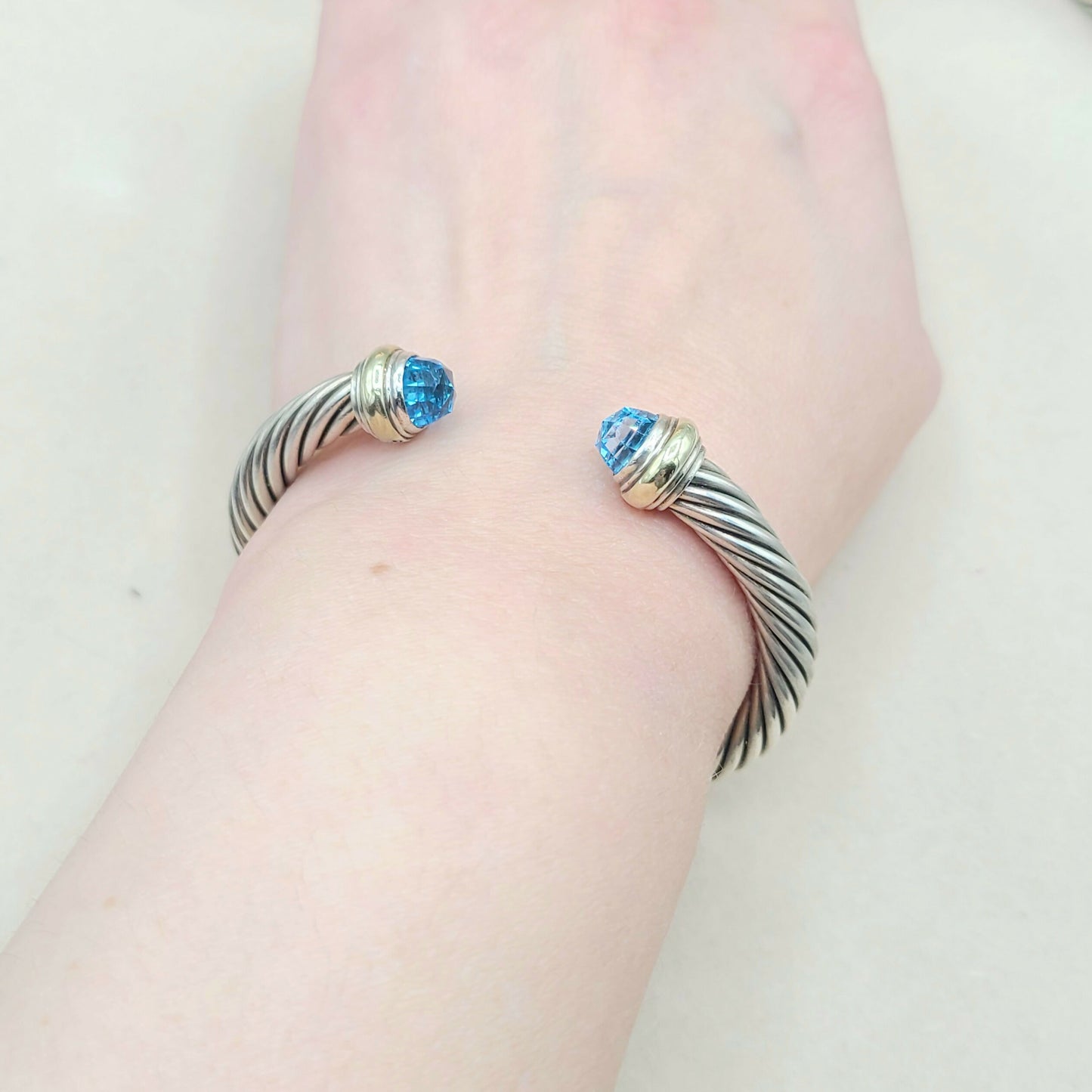 David Yurman 7mm Cable Blue Topaz Bracelet Silver & Gold | Certified AYW Luxury #