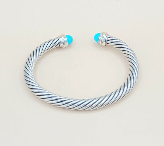 David Yurman Turquoise Silver Gold Cable Bracelet 7mm