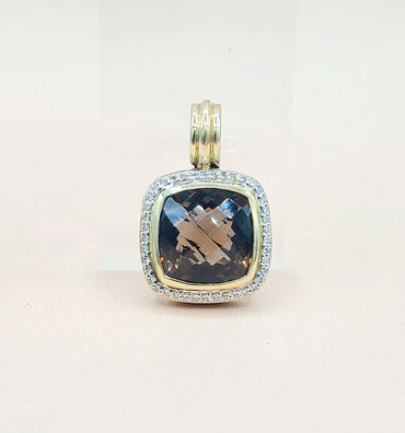 David Yurman Albion 14mm Smoky Quartz Silver & 18k Diamond Pendant Enhancer