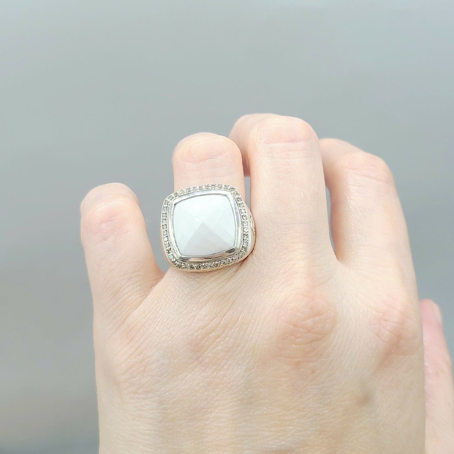 David Yurman Albion White Agate Diamond Ring 15mm Certified Pre-Owned AYW Luxury #