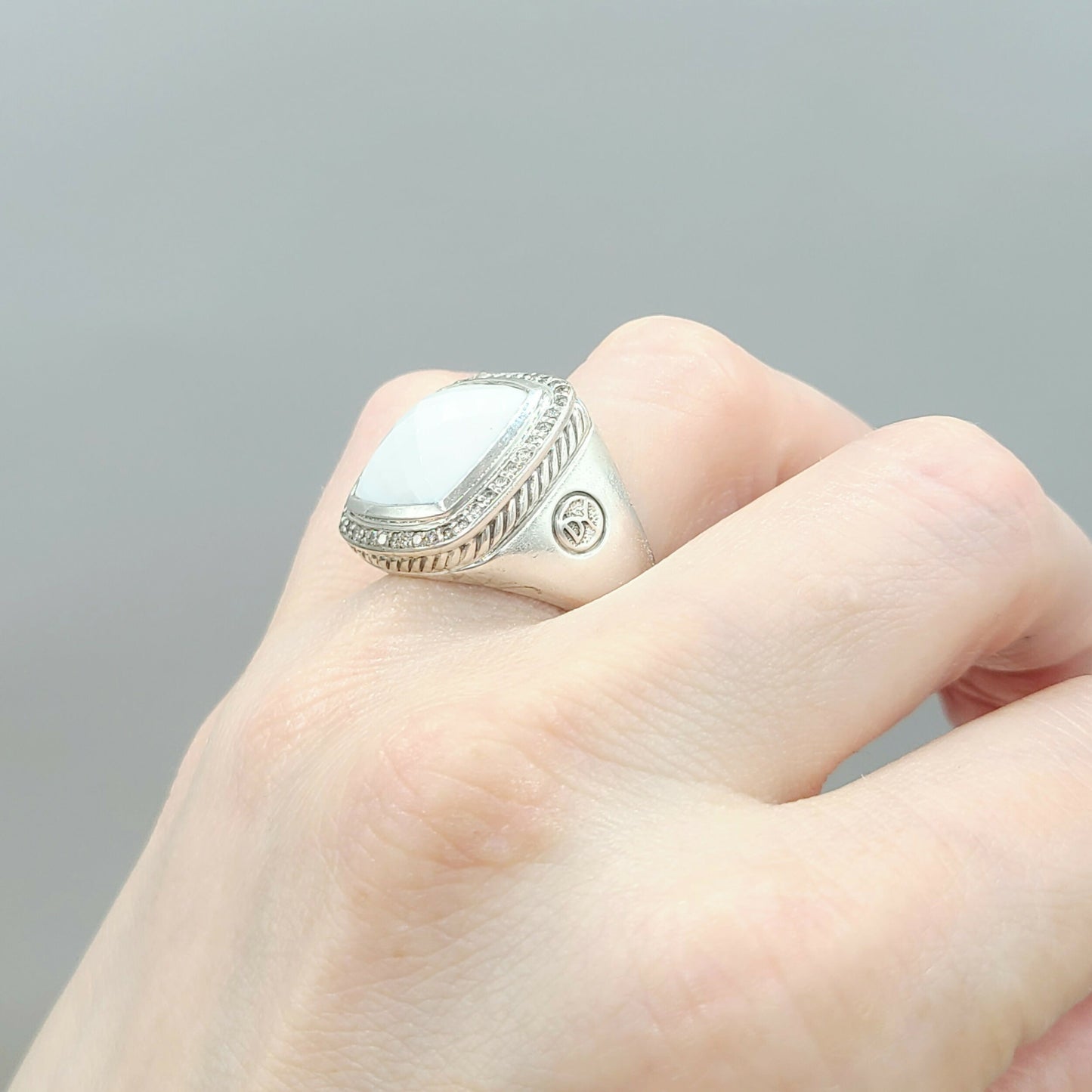 David Yurman Albion White Agate Diamond Ring 15mm Certified Pre-Owned AYW Luxury #