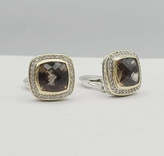 David Yurman Albion Smoky Quartz Silver Gold Diamond Earrings, 11mm