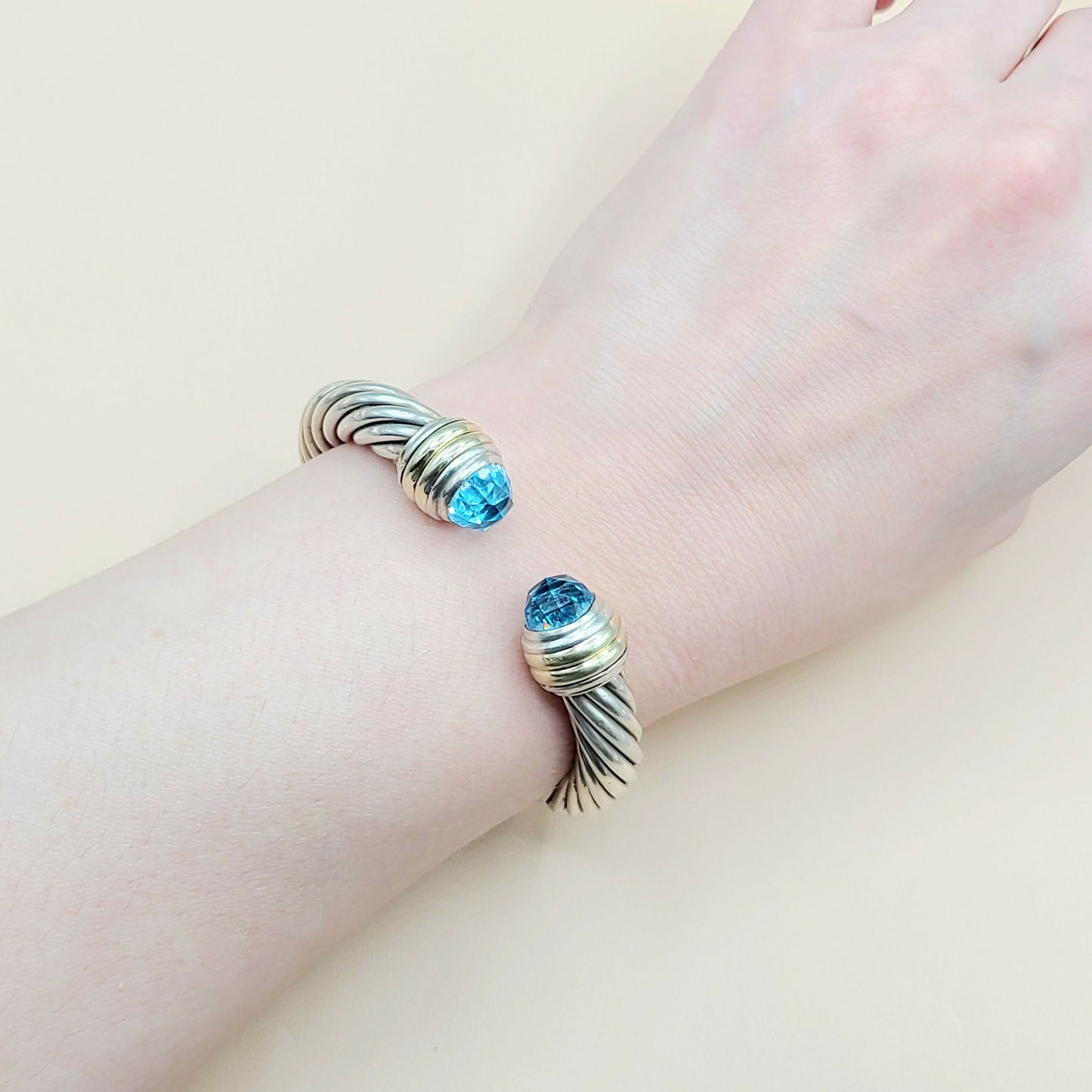 David Yurman 10mm Cable Blue Topaz Gold Bracelet Certified Pre-Owned AYW Luxury #
