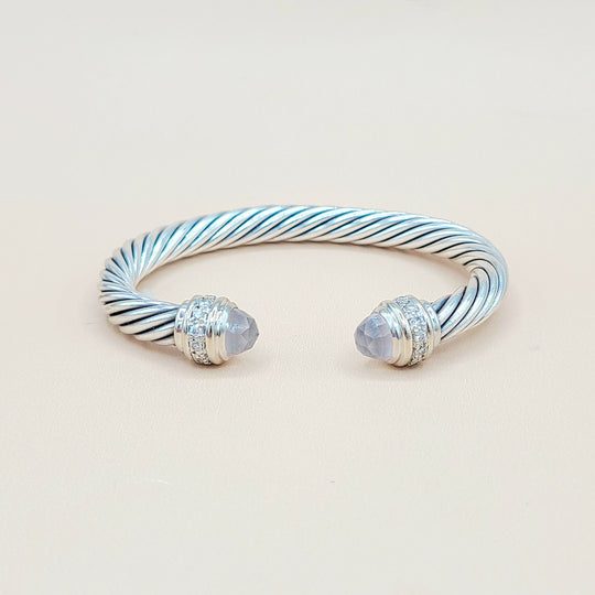 David Yurman 7mm Rose Quartz Diamonds Sterling Silver White Gold Cable Bracelet