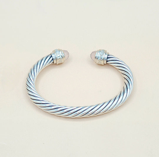 David Yurman 7mm Rose Quartz Diamonds Sterling Silver White Gold Cable Bracelet