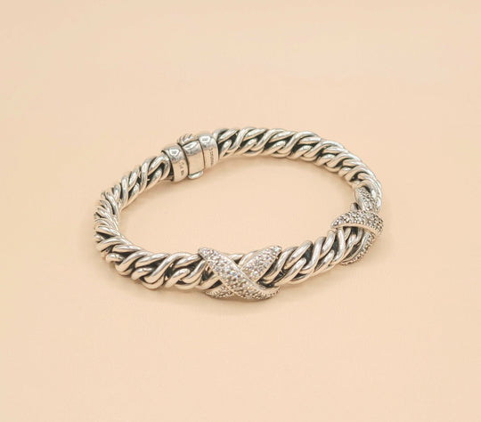 David Yurman Lyrica Station Double Diamond X Link Chain Bracelet