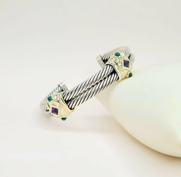 David Yurman Renaissance Amethyst Green Onyx Gold Double Cable Station Bracelet