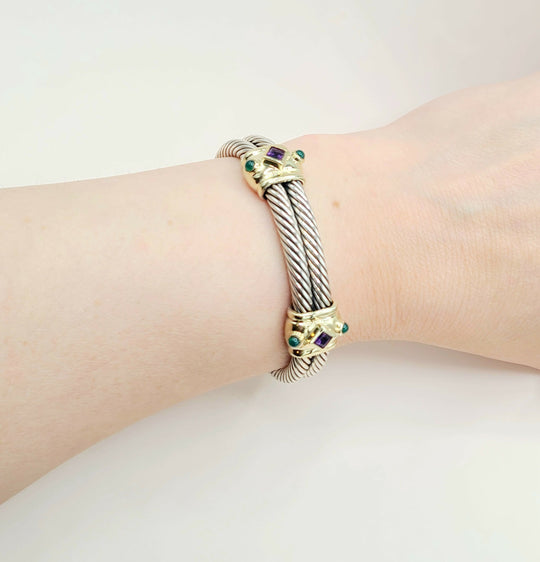 David Yurman Renaissance Amethyst Green Onyx Gold Double Cable Station Bracelet
