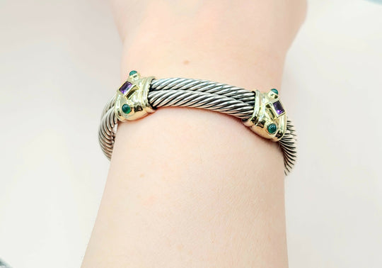 David Yurman Renaissance Amethyst Green Onyx Gold Double Cable Station Bracelet
