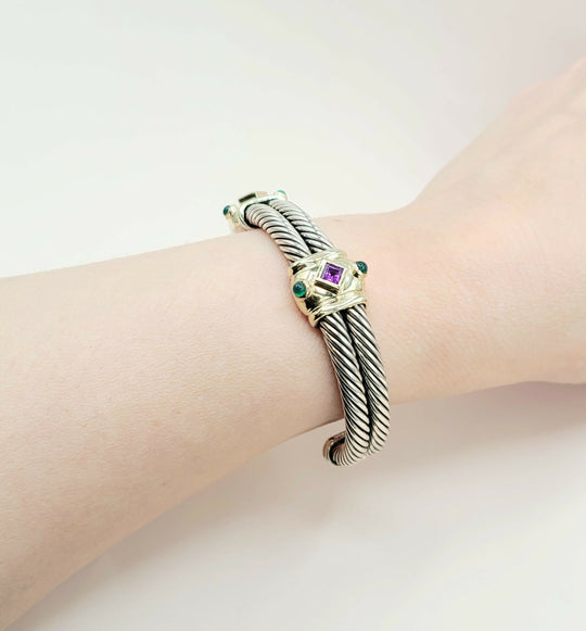 David Yurman Renaissance Amethyst Green Onyx Gold Double Cable Station Bracelet