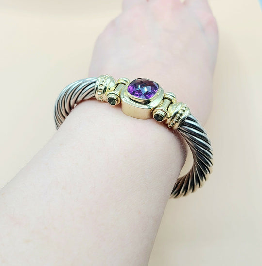 David Yurman Renaissance Amethyst Peridot Sterling Silver Gold Bracelet, 10mm