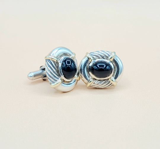 David Yurman Renaissance Silver Gold Black Onyx Cufflinks