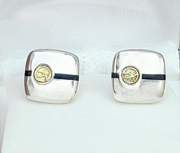 David Yurman Signature Silver Gold Black Enamel Logo Cufflinks