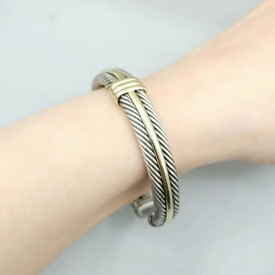 David Yurman Silver Gold Double Cable Hinged Bracelet